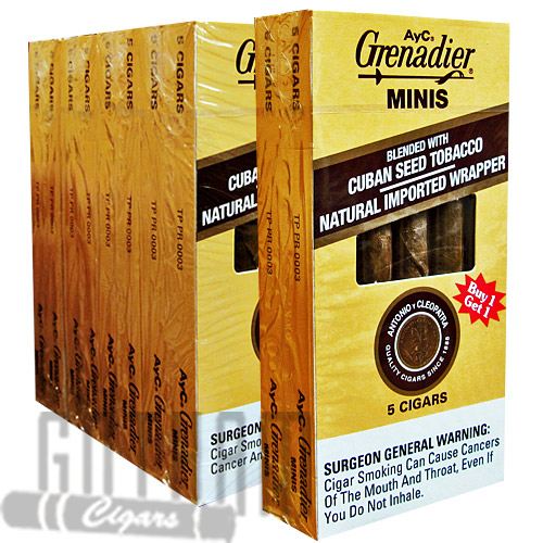 Buy A Y C Grenadier Natural Dark Minis 10x5 Pack OnlineAntonio y Cleopatra Grenadier Natural Dark Minis are a line of mild-tasting cigars with a long-standing history. Established in 1879 these cigars have been among the most popular smokes in America. The cigars consist of Cuban-seed tobacco with sheet binders and is available in one of the three natural and imported leaf wrappers Connecticut Maduro Broadleaf Connecticut Shade Natural and Java.   These mini cigars have a length of 4 1/2 inches and...