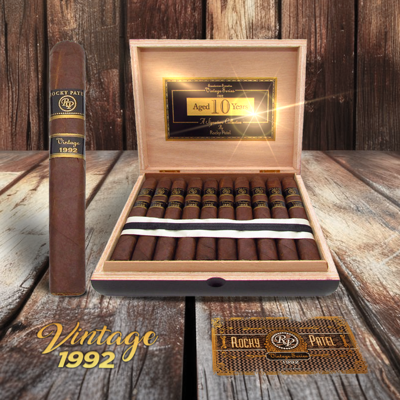 Rocky Patel Vintage 1992 Open box with stick with wood background