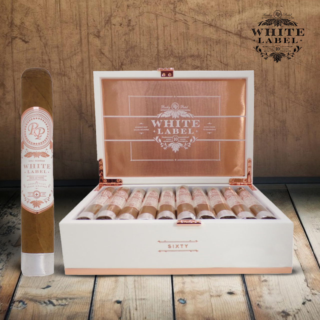 Rocky Patel White Label Open box and stick with background